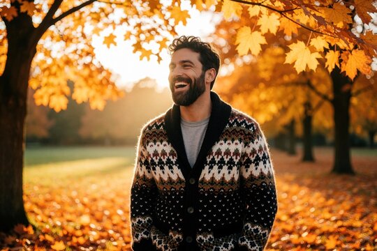 Cheerful man with beard laughs in autumn park. Happy guy wears cozy patterned sweater during fall season. Sunlit trees, orange leaves create warm outdoor atmosphere. Male person enjoys peaceful