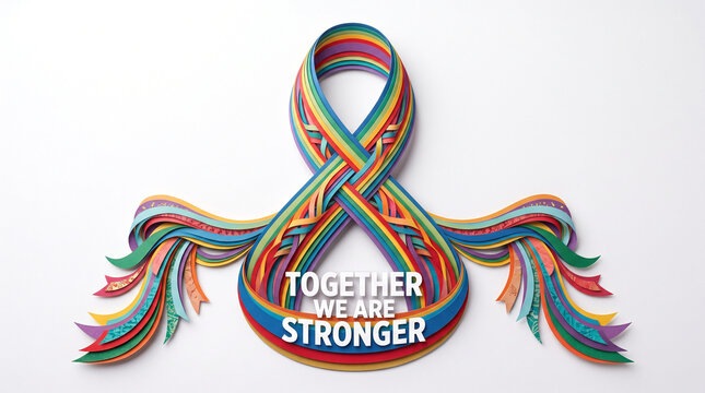 Colorful paper ribbons woven into an infinity symbol shape with text together we are stronger with centered white background ribbons rainbow colors multi colored with form infinity