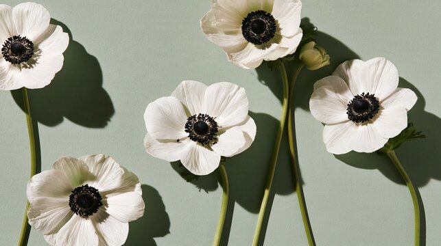 White anemone flowers with black centers on a sage green background