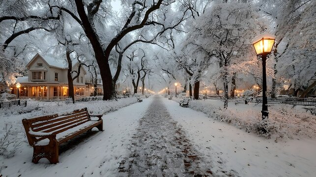 Snow-covered park walkway lit by warm street lamps beside a wooden bench in winter twilight.