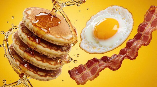 Stack of fluffy pancakes with fried egg, crispy bacon on yellow background. Sweet honey syrup splashes over breakfast meal. Delicious morning food combo with egg yolk, salty meat. Tasty brunch treats