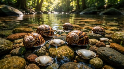 Obraz premium Fresh river snails, mollusks on smooth stones in clear forest stream. Wild gastropods crawl through shallow water in tropical Thailand jungle. Natural Thai food ingredients from clean creek ecosystem