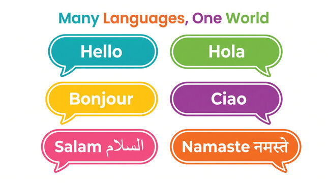Colorful speech bubbles featuring various international greetings arranged on a plain white background for communication with various languages clean different international