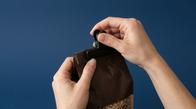 Hands opening a dark brown drawstring pouch with a patterned bottom.