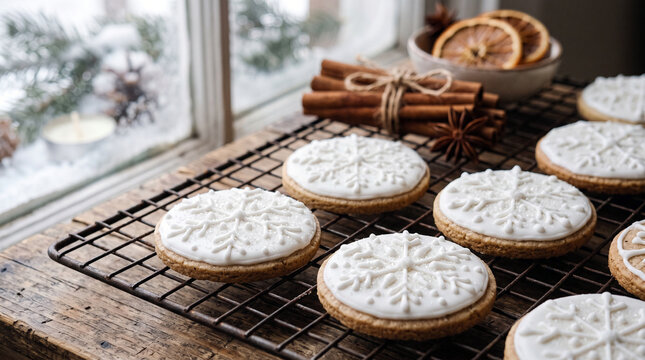 Festive Snowflake Cookies Decorated with White Icing on a Cooling Rack with Winter Window View