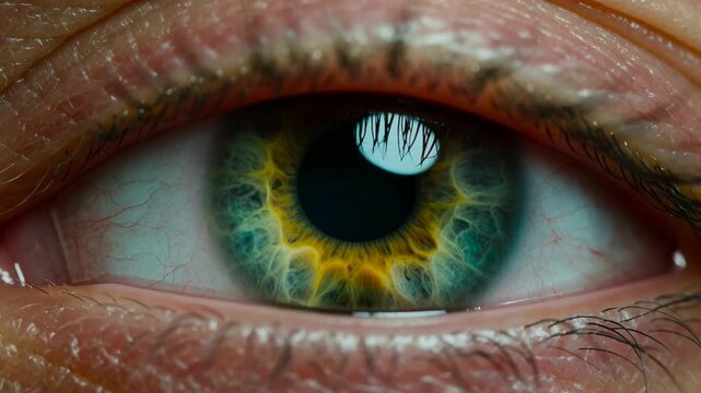 Human eye opens wider in extreme close-up while steady gaze reveals vivid turquoise-green iris with golden center, dark pupil, fine eyelashes, skin texture, and bright reflected light