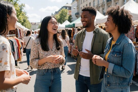 Diverse group of young friends chat, laugh at outdoor city market on sunny day. Happy people socialize near clothing stalls in urban neighborhood. Multicultural friends enjoy community event,