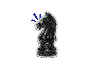 Chess knight sticker with black line halftone pattern and blue accent lines, cut paper texture on transparent background © creatfive