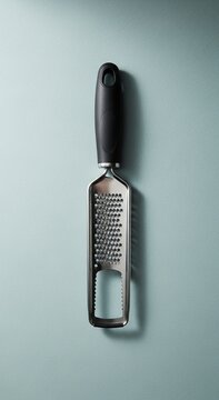 Professional Stainless Steel Grater Handheld Zester with Black Handle on Blue Background ideal for culinary blogs and kitchenware catalogs.