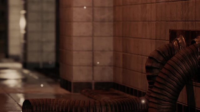In a dim industrial area, pipes lay on a wet floor. The light reflects on the surfaces, creating a moody atmosphere. The location appears empty and neglected at night.