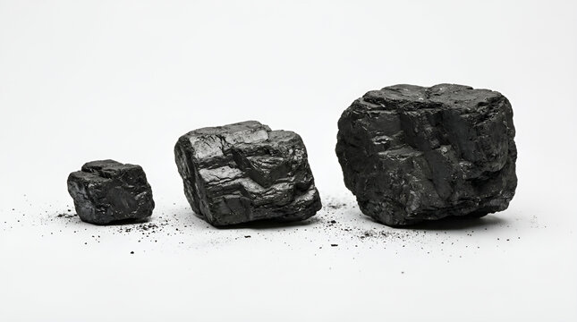 Three black coal lumps glossy rough textured lined up small medium large size left to right black dust scattered on clean white surface soft shadow minimalist studio