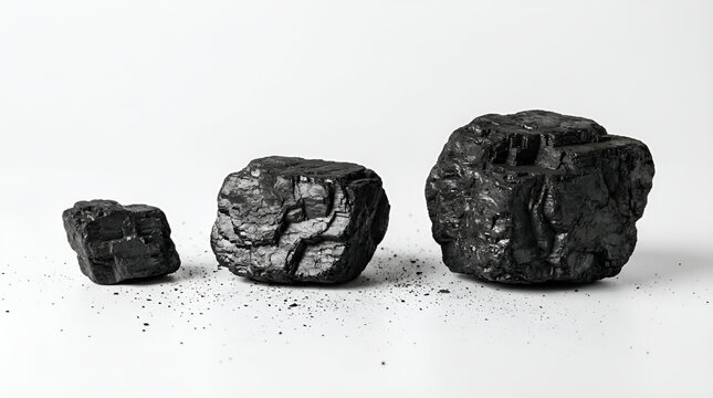 Three black coal lumps glossy rough textured lined up small medium large size left to right black dust scattered on clean white surface soft shadow minimalist studio