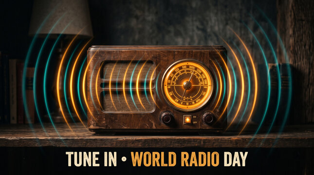 A vintage wooden radio with a glowing dial emits colorful sound waves on a shelf with dial radiating sits wooden communication entertainment transmission illumination