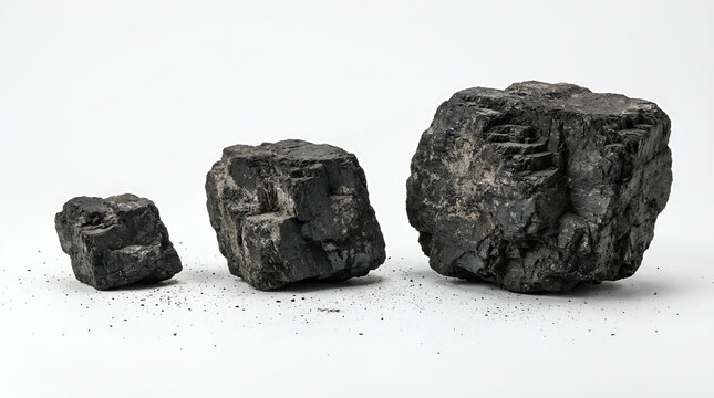 Three black coal lumps glossy rough textured lined up small medium large size left to right black dust scattered on clean white surface soft shadow minimalist studio