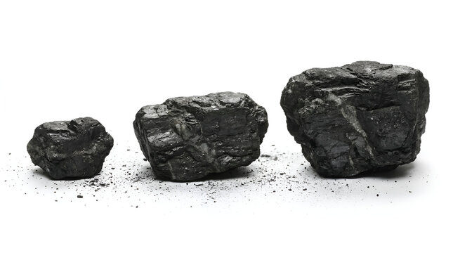 Three black coal lumps glossy rough textured lined up small medium large size left to right black dust scattered on clean white surface soft shadow minimalist studio