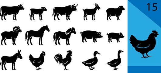 Fototapeta premium Black farm silhouette icons cow calf bull goat sheep ram horse pig piglet donkey chicken rooster duck goose editable vector