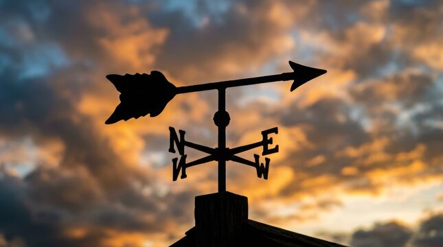 Weather vane with arrow silhouette against cloudy sunset sky on rooftop. Close-up of compass directions N E S W. Wind direction and meteorology instrument. Forecast, navigation and climate