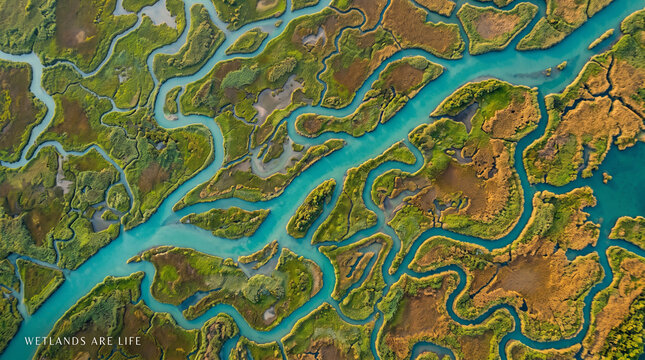 Aerial view of winding turquoise river channels flowing through vibrant green with golden marshland vegetation channels snaking conservation environment wilderness