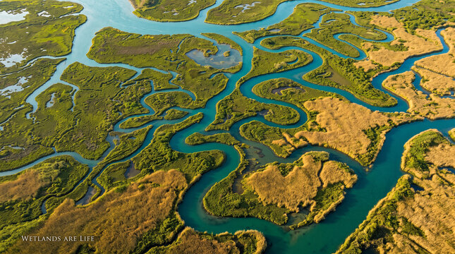 Aerial view of a winding river flowing through a lush green coastal wetland landscape environment with green vegetation golden golden marsh grasses flows through vast