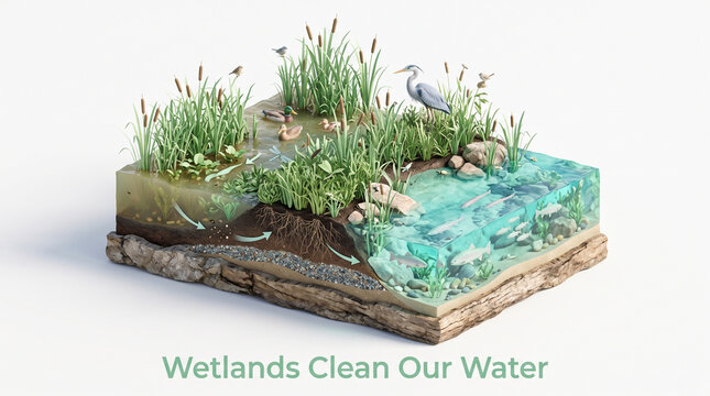 Cross section of a wetland ecosystem showing the natural water filtration process with ecosystem demonstrates how naturally filter clean plants soil naturally sustainability