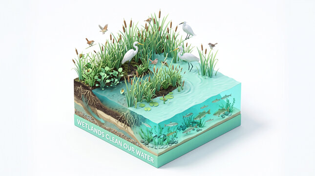 A detailed 3d cross section of a wetland ecosystem showing aquatic life with ecosystem featuring birds clear water layers birds plants fish section view environmental