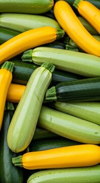Fresh Harvest Zucchini and Yellow Squash assorted green and yellow summer squashes piled together ideal for healthy eating blogs and organic farming marketing. Vertical. Portrait Orientation.