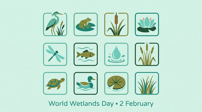 Grid of twelve icons representing wetland wildlife and plants for world wetlands day celebration event with ecosystems light background illustrate various animals