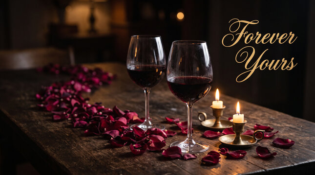 Two wine glasses filled with red wine on a wooden table with rose petals with table decorated scattered petals lit candles sit rustic wooden togetherness celebration