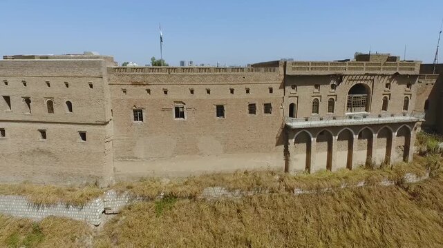 Drone tracking along the historic brick walls and facades of Erbil Citadel, Kurdistan