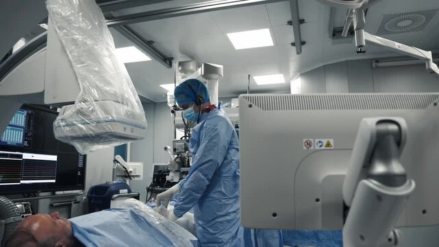 Doctor working beside a patient and angiography system during an interventional procedure in a hospital.