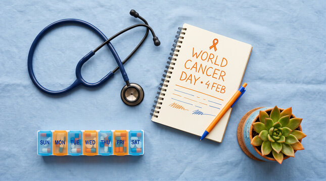 Stethoscope and notebook with world cancer day message on a blue textured fabric background with medical flat lay arrangement includes stethoscope stethoscope labeled pill