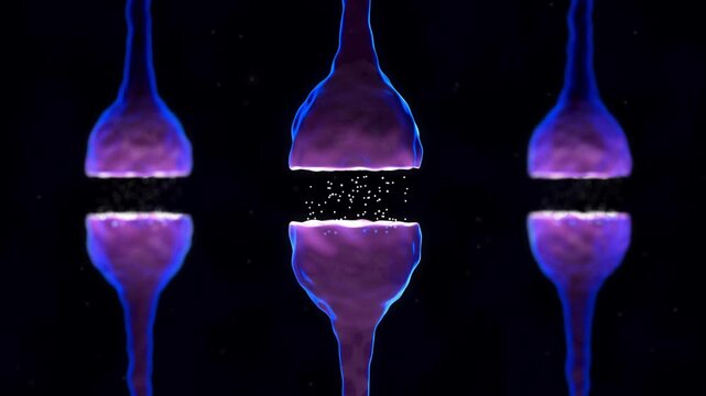 Purple neuron synapse with blue rim light and neurotransmitter particles in cinematic depth of field on black background, 3D animation, horizontal 4K