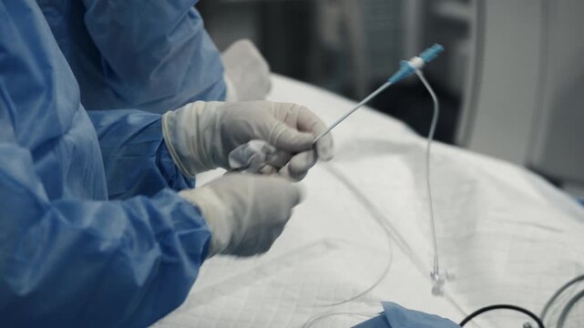 Doctor's gloved hands manipulating a catheter and guidewire at a patient's vascular access site.