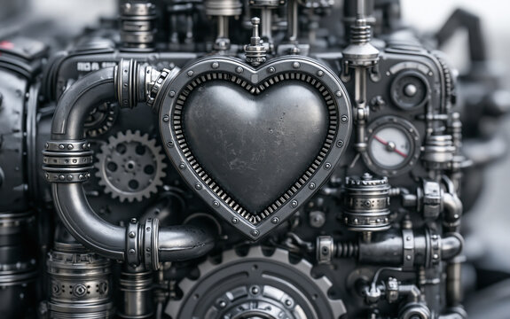 Close up industrial machine engine with heart shaped element. Mechanical parts pipes gears form powerful complex system. Metallic structure shows strength precision