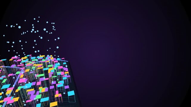 Colorful Pixel Data Animation: An abstract motion graphic featuring a stream of glowing, multi-colored digital squares or pixels cascading upward against a dark background.