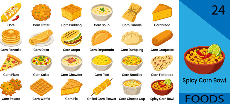 Colorful corn foods set elote fritter pudding soup tamale cornbread pancake dosa arepa empanada dumpling editable vector illustration