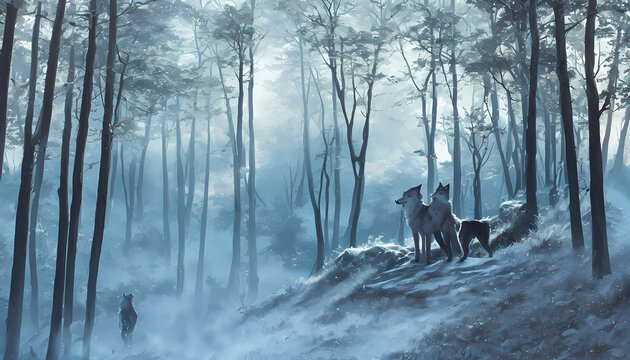 Wolves Together in a Misty Forest