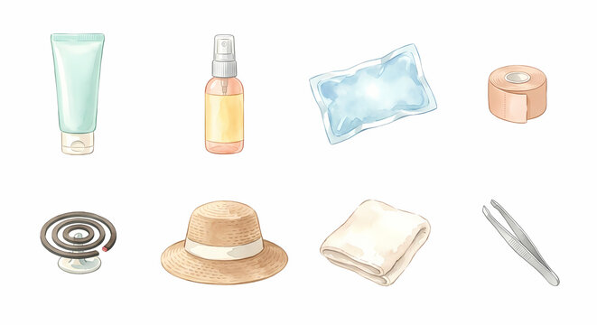 虫刺されとかゆみ止めの手当て用品 アイコンセット 水彩