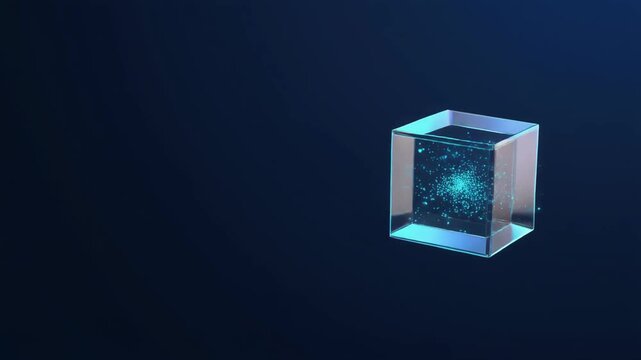 Abstract technology scene with a transparent glass cube floating steadily