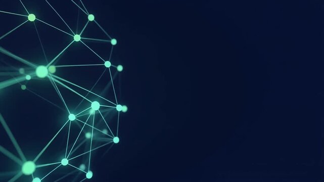 Three-dimensional network of small emerald green and mint glowing nodes