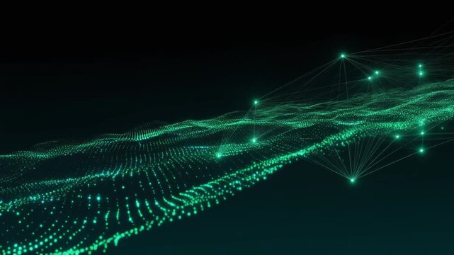 Flowing wave made of thousands of tiny emerald green data particles