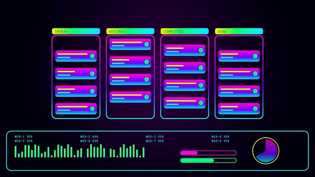 An animated digital agile backlog interface dashboard displaying task progress bars and frequency charts with neon cyan and magenta gradient light effects on dark screen monitor