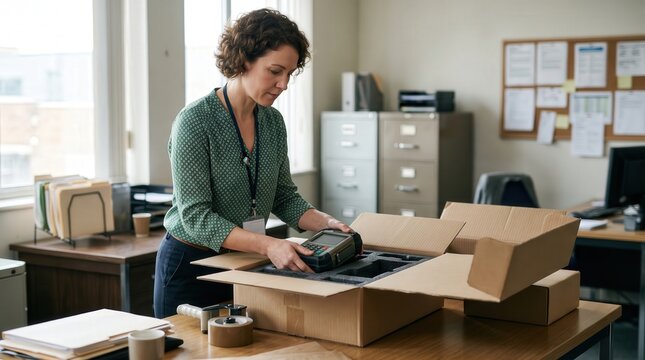 Office worker unboxing electronic device from cardboard box