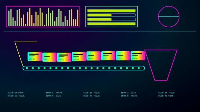 Monitoring an agile backlog through a digital tracking interface showing colorful task cards moving along a conveyor belt in a simulated automated factory production flow system