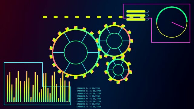 Digital displays showing agile backlog and mechanical cog wheels with shifting data bars and circular progress meters inside a software development user interface monitoring system