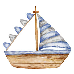 Hand drawn watercolor illustration of a cute wooden toy boat with blue sails, isolated on transparent background © Oksana