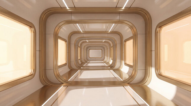 A symmetrical 3D render of a futuristic spaceship corridor featuring sleek white walls, brushed gold framing, and warm glowing panels in a sci-fi environment.