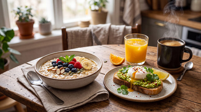 Healthy Breakfast Spread with Oatmeal Bowl Fresh Fruits Avocado Toast and Orange Juice and a steaming cup of coffee