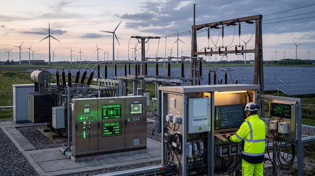 Futuristic Green Digital Smart Grid and Power Substation Network In Green Vibrancy for Renewable Energy Infrastructure. Diplomatic of renewable energy
