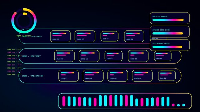 dynamic agile backlog interface elements transition across three digital screens showing data movement and colorful bar charts for project management workflows in a modern virtual interface